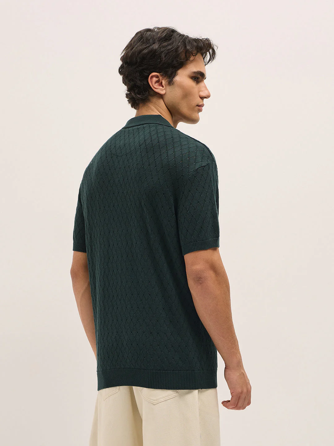 Men Dark Green Diamond knit texture Relaxed Fit Polo - Image 2