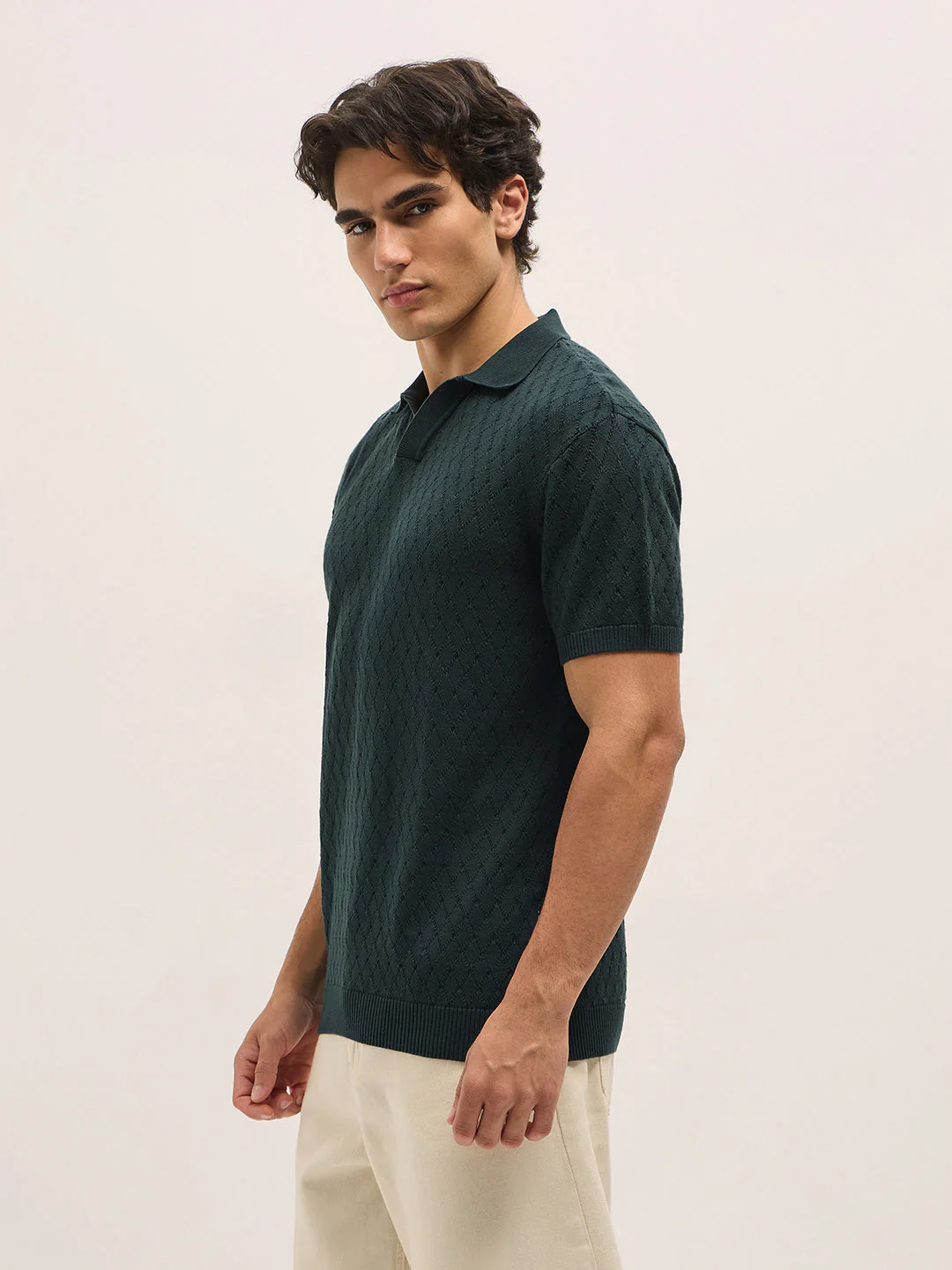 Men Dark Green Diamond knit texture Relaxed Fit Polo - Image 3