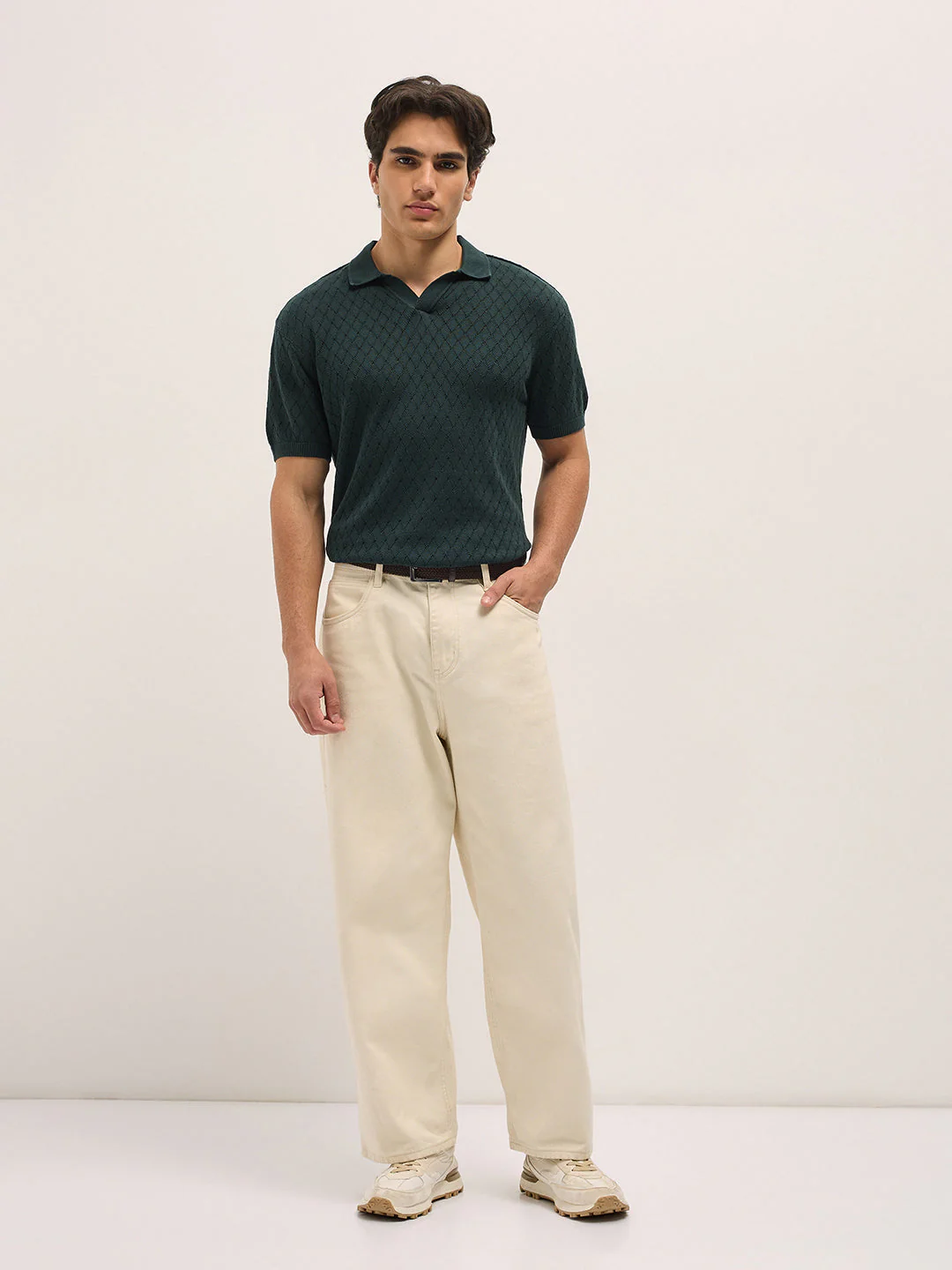 Men Dark Green Diamond knit texture Relaxed Fit Polo - Image 4