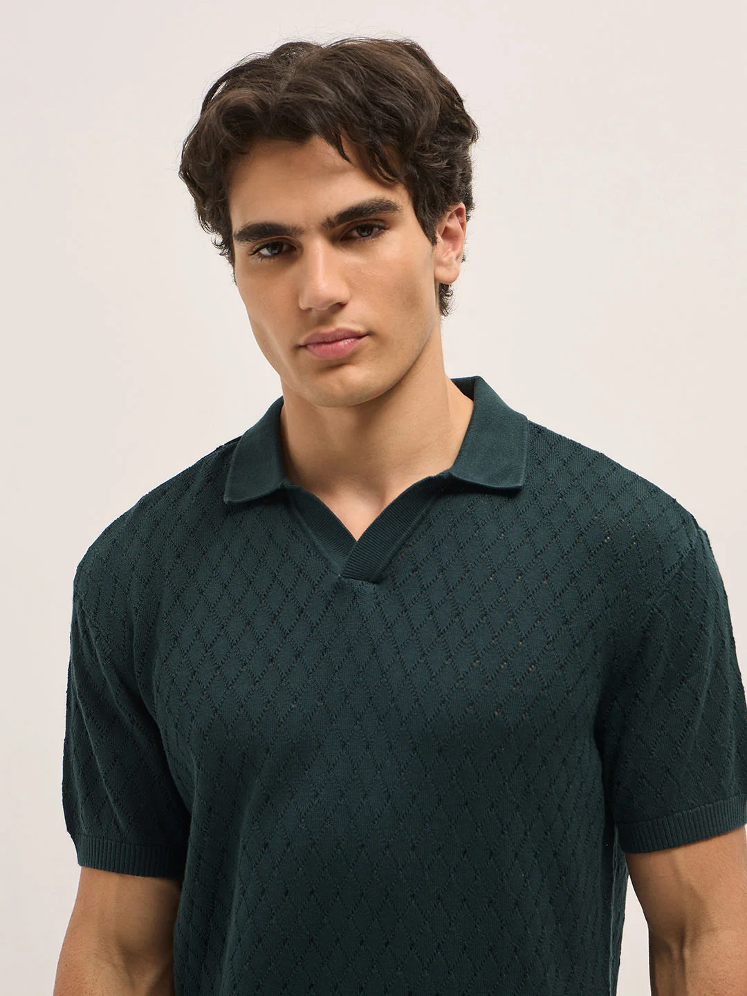 Men Dark Green Diamond knit texture Relaxed Fit Polo - Image 5
