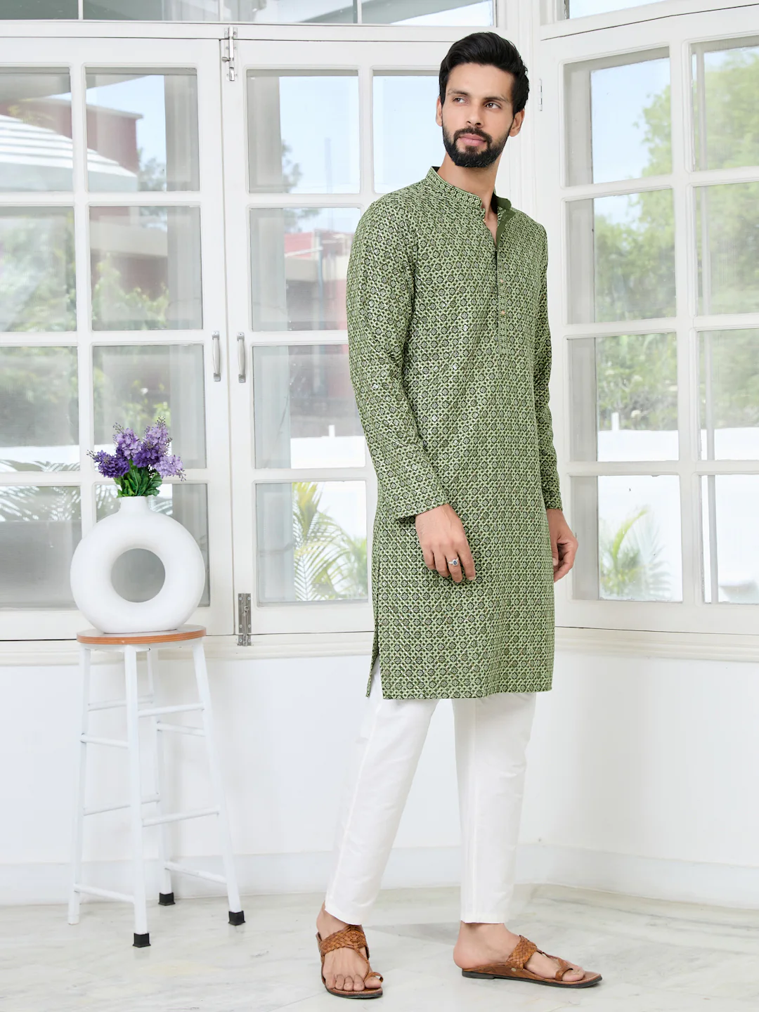 Men Green Embroidered Straight Kurta - Image 3