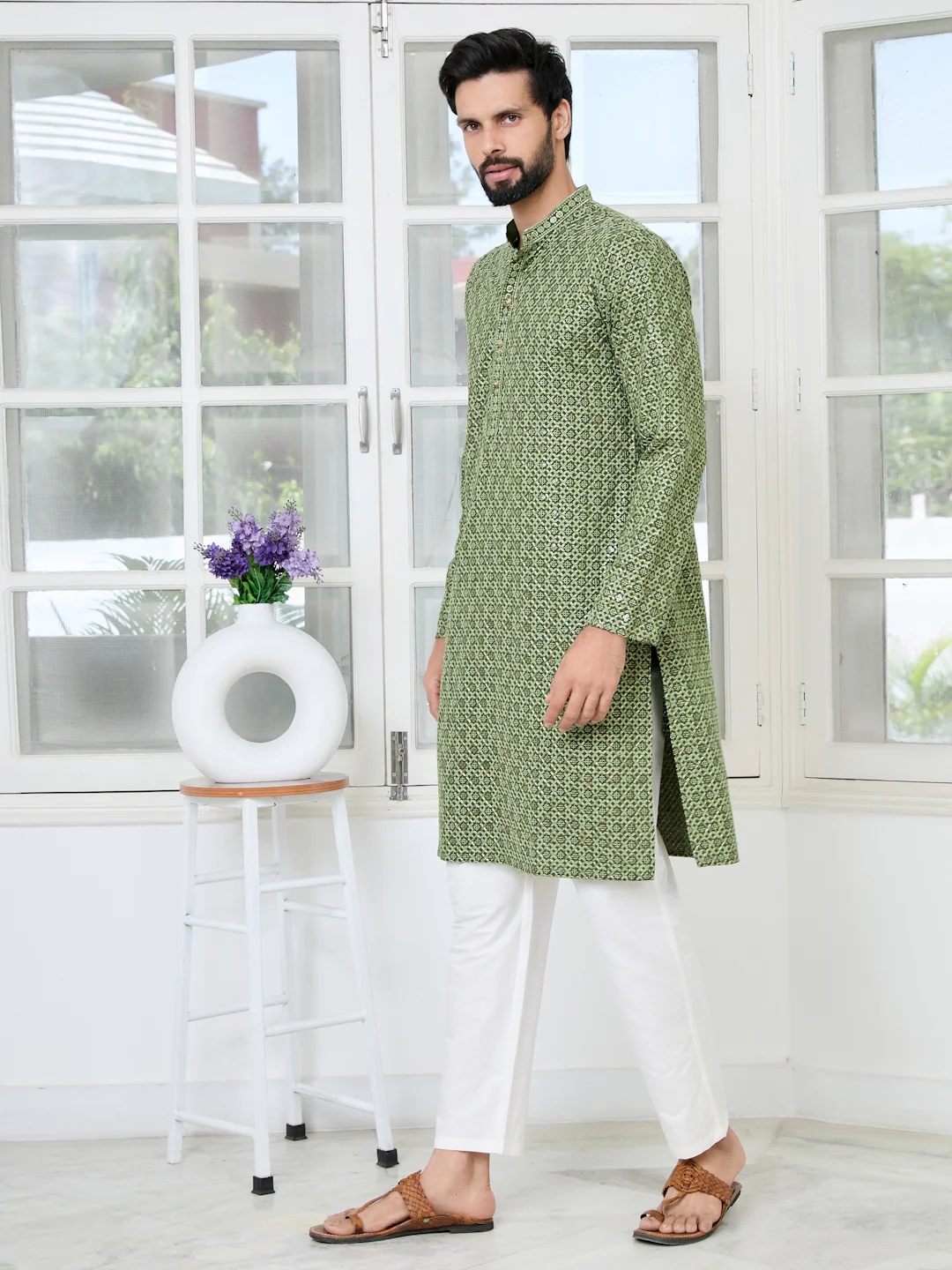 Men Green Embroidered Straight Kurta - Image 4