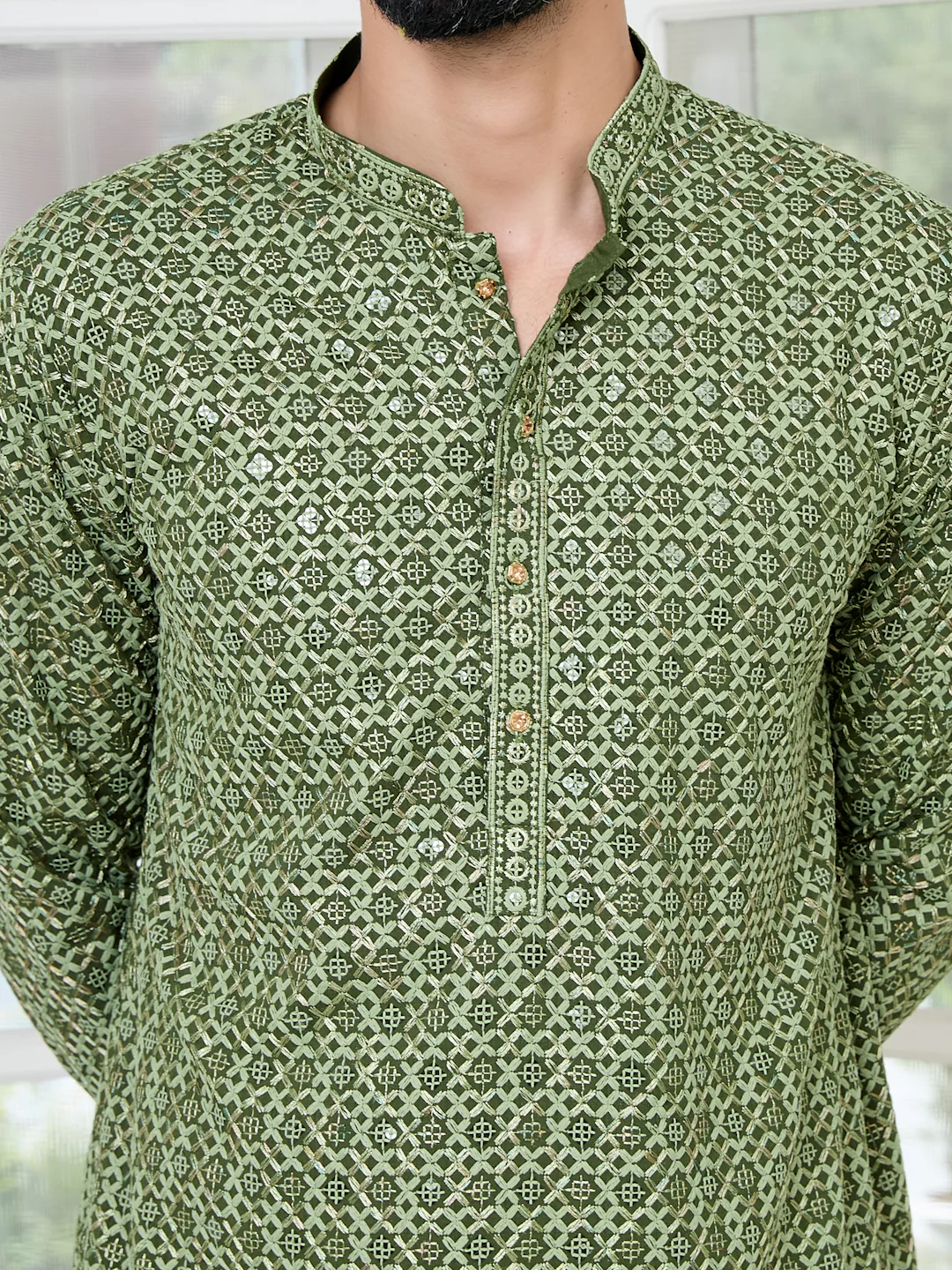 Men Green Embroidered Straight Kurta - Image 5