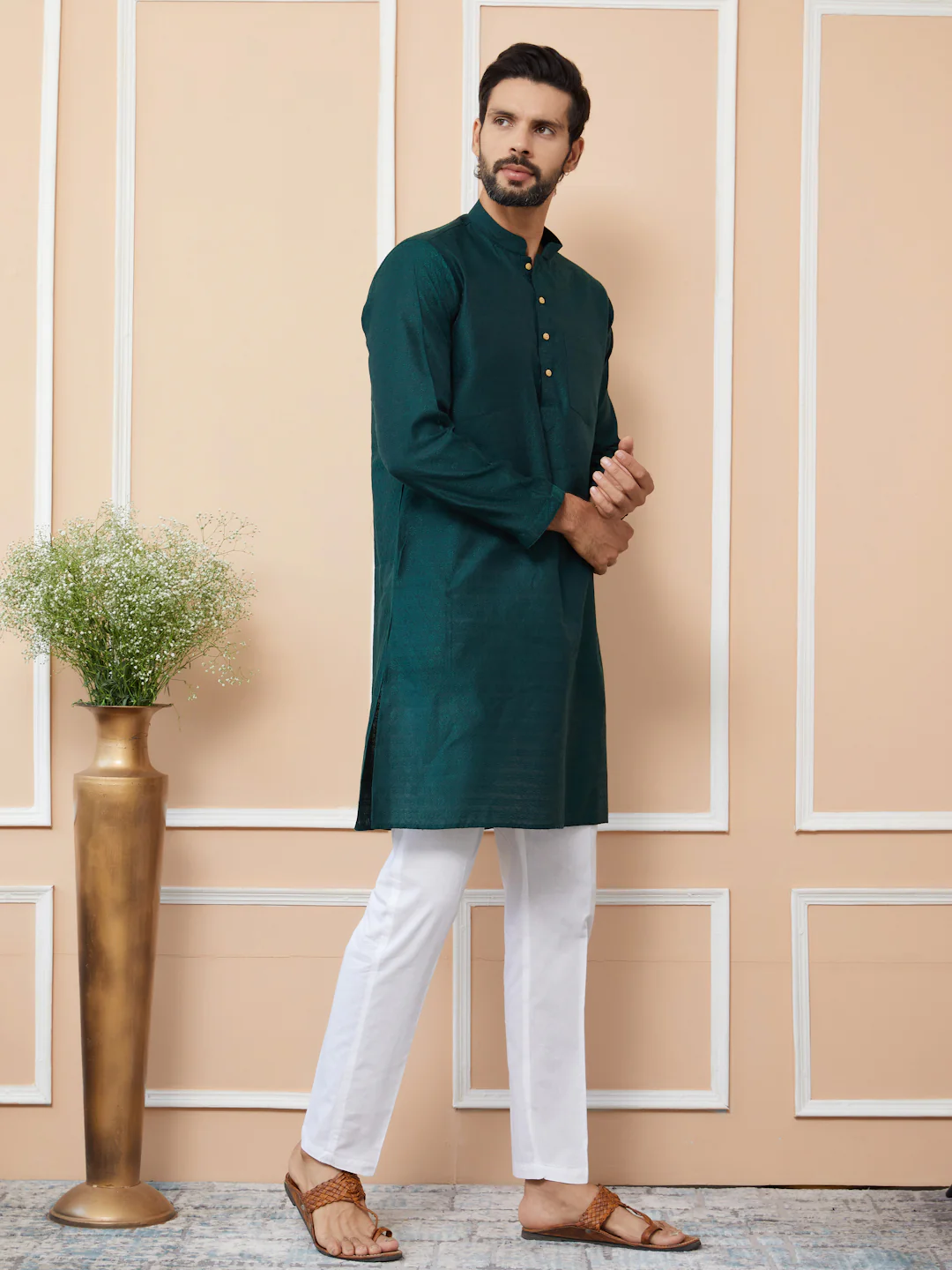 Men Green Ethnic Motifs Silk Jacquard Woven Design Straight Kurta - Image 2