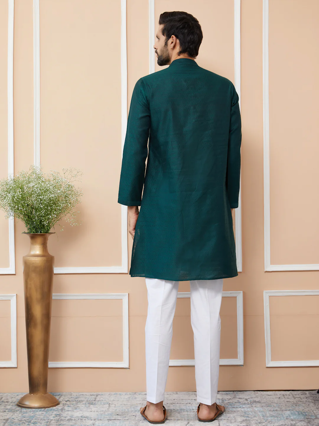 Men Green Ethnic Motifs Silk Jacquard Woven Design Straight Kurta - Image 3