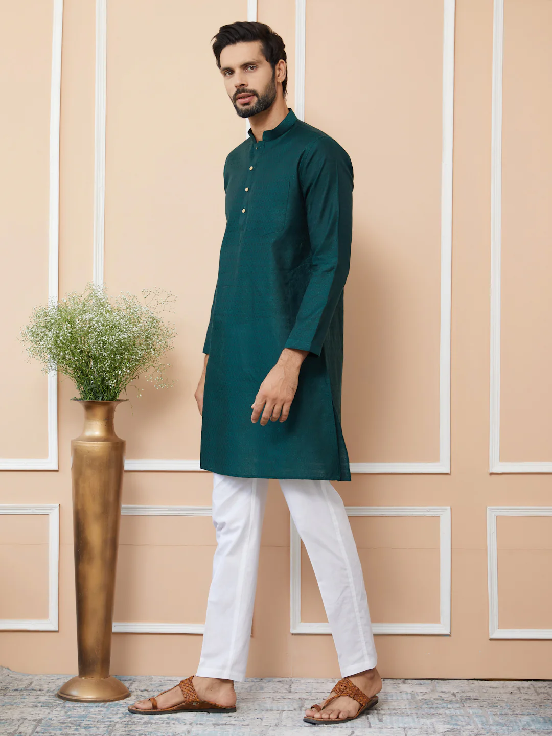 Men Green Ethnic Motifs Silk Jacquard Woven Design Straight Kurta - Image 4