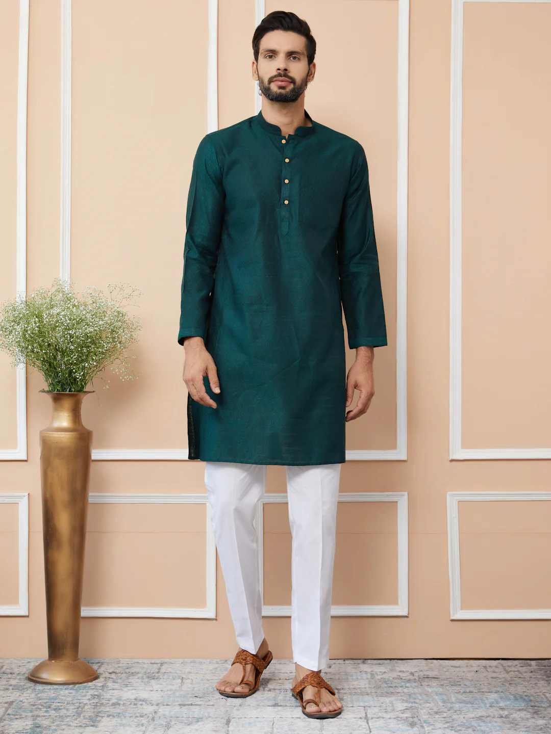 Men Green Ethnic Motifs Silk Jacquard Woven Design Straight Kurta - Image 5