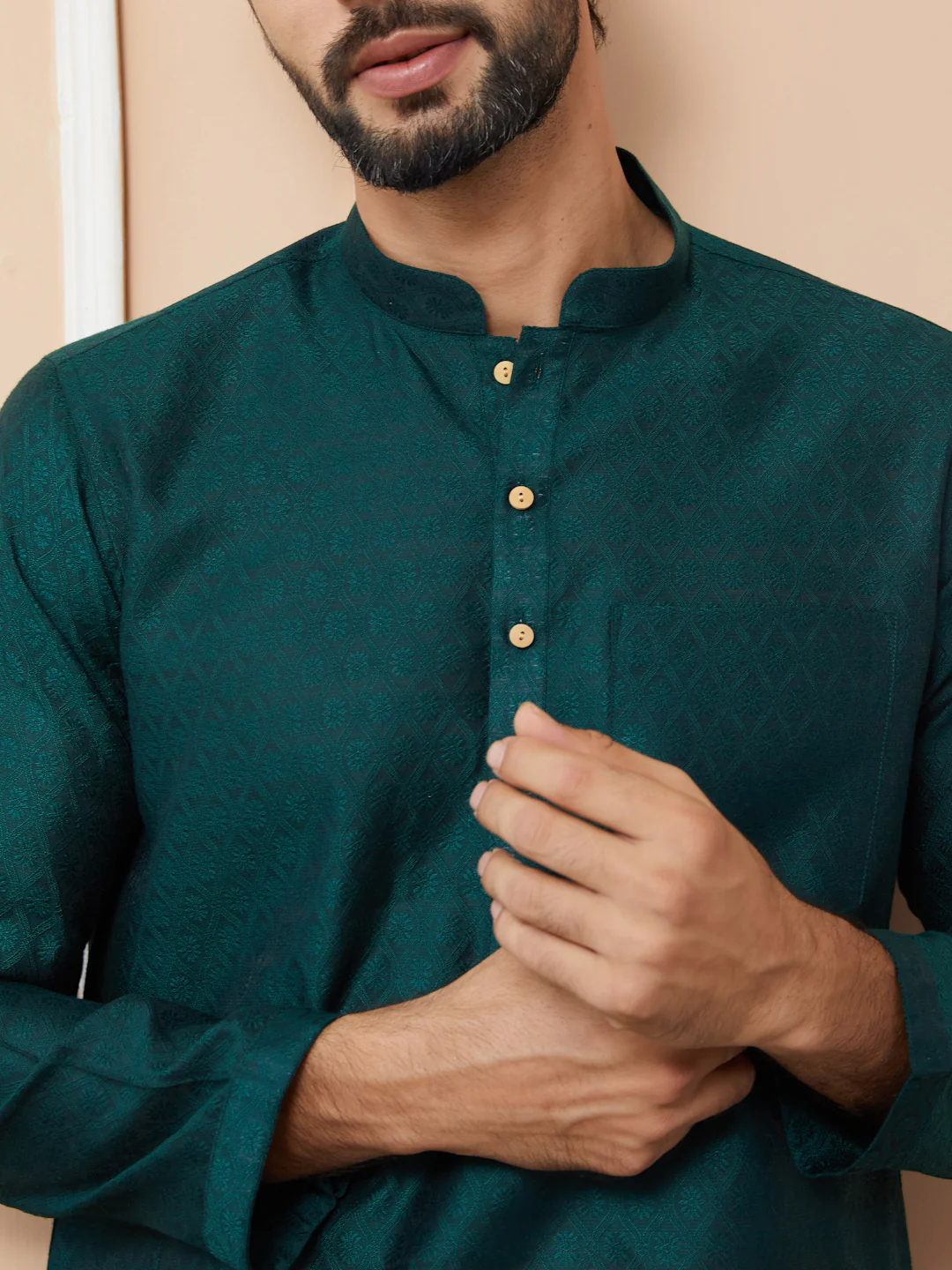 Men Green Ethnic Motifs Silk Jacquard Woven Design Straight Kurta - Image 6