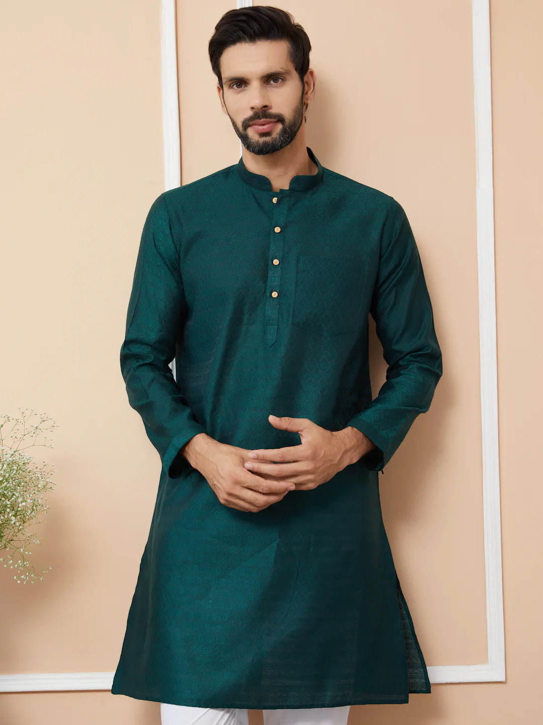 Men Green Ethnic Motifs Silk Jacquard Woven Design Straight Kurta - Image 7