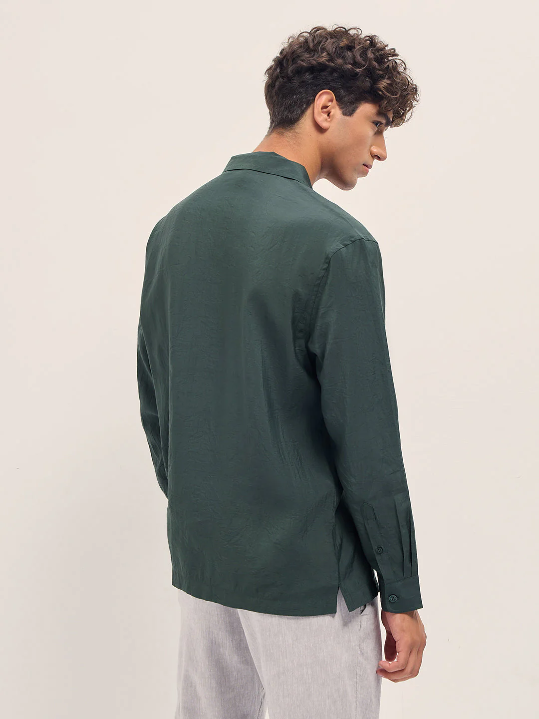 Men Dark Green Lenzing Modal Solid Oversize Fit Casual Shirt - Image 2