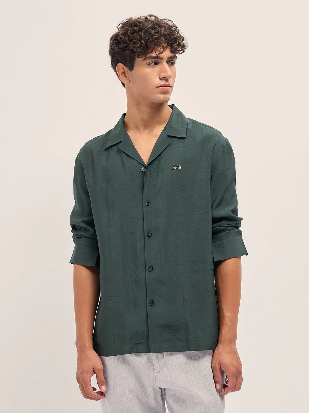Men Dark Green Lenzing Modal Solid Oversize Fit Casual Shirt - Image 5
