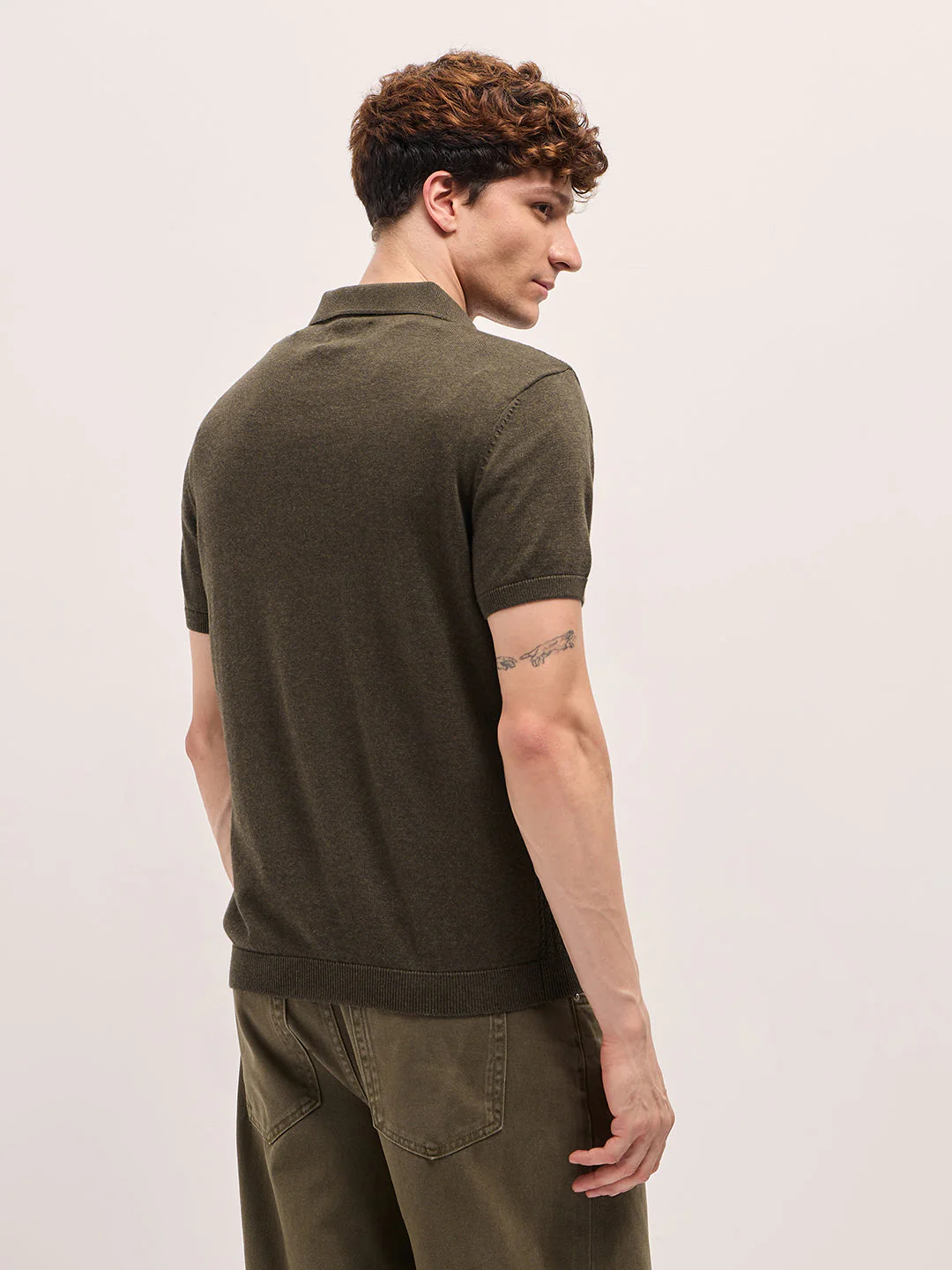 Men Dark Green Ribbed Texture Design Slim Fit Polo - Image 2