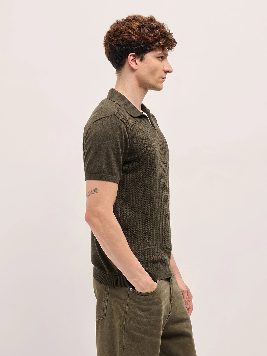 Men Dark Green Ribbed Texture Design Slim Fit Polo - Image 3