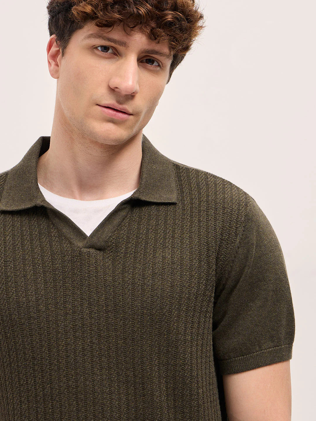 Men Dark Green Ribbed Texture Design Slim Fit Polo - Image 5