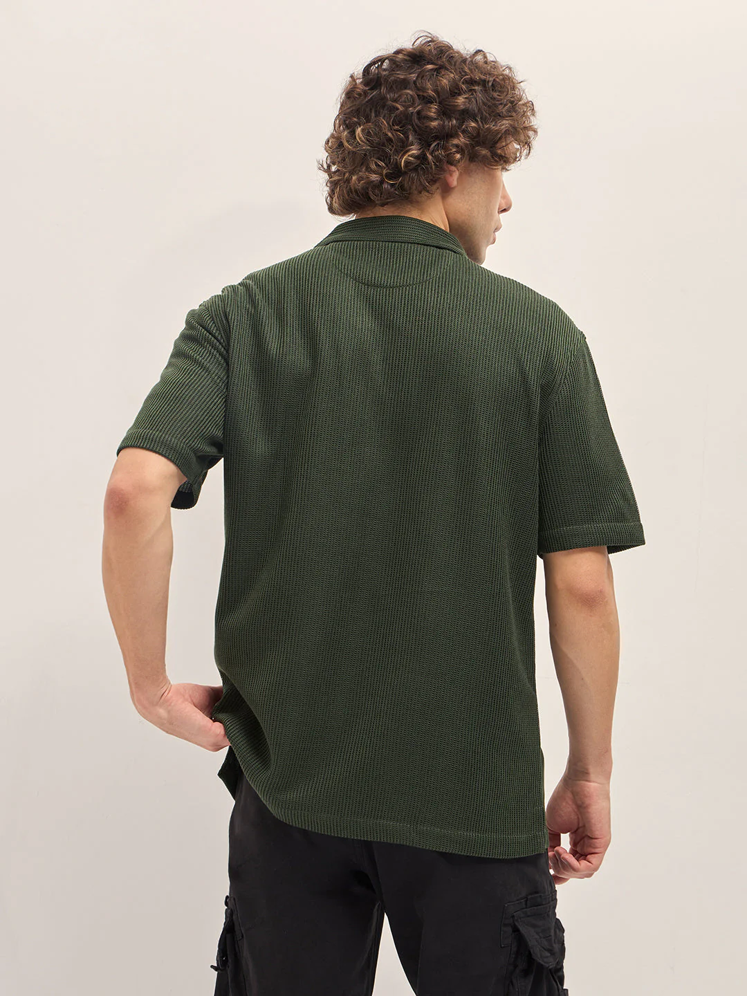 Men Dark Green Self Design Regular Fit Casual Shirt - Image 2