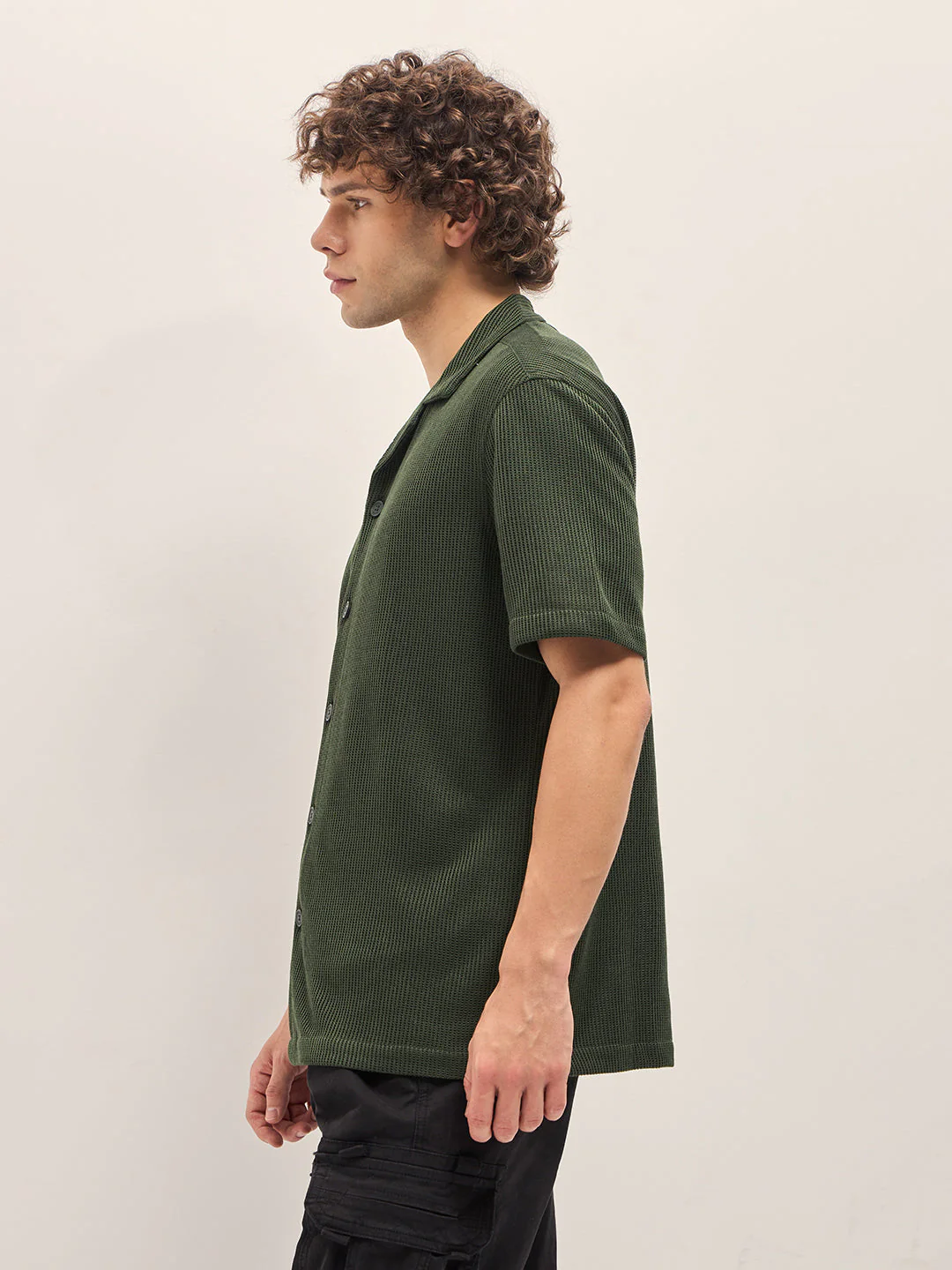 Men Dark Green Self Design Regular Fit Casual Shirt - Image 3