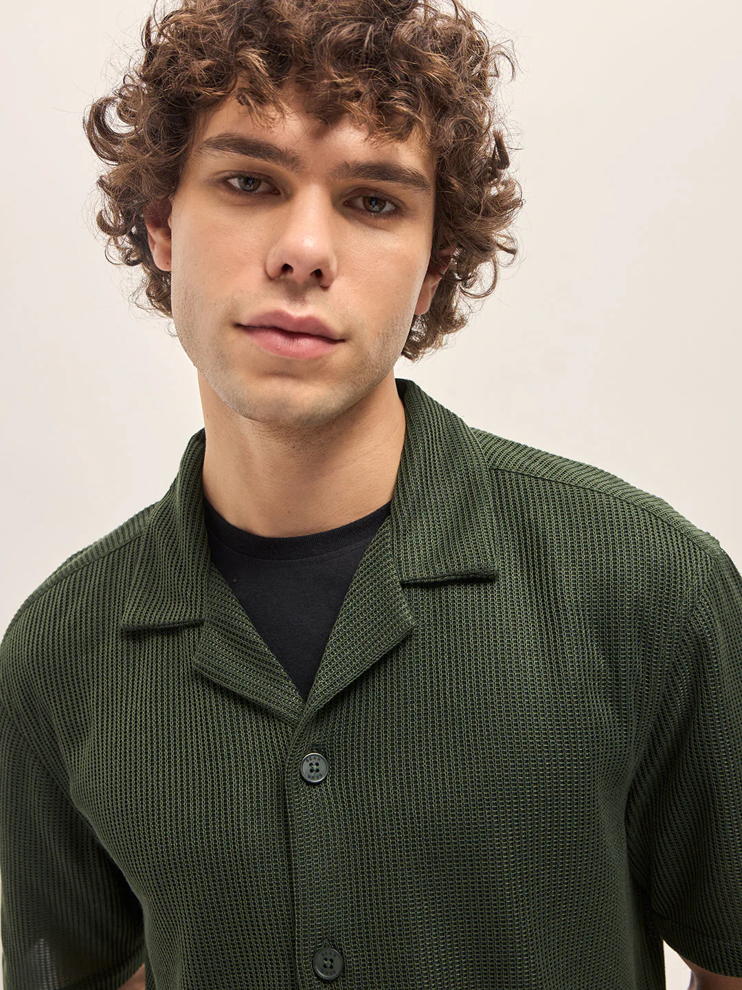Men Dark Green Self Design Regular Fit Casual Shirt - Image 5