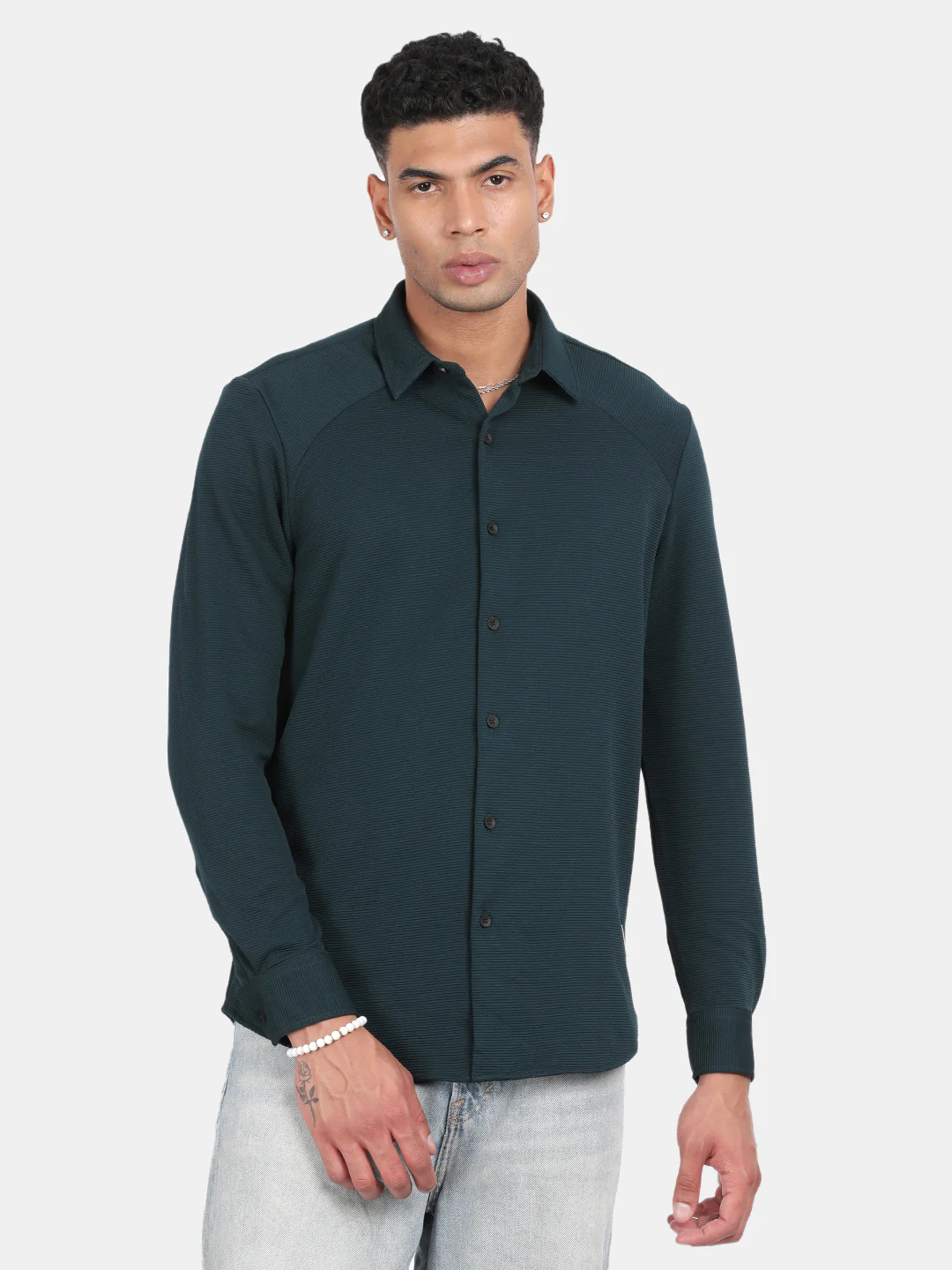 Men Dark Green Slim Fit Spread Collar Full Sleeve Casual Shirt - Image 2