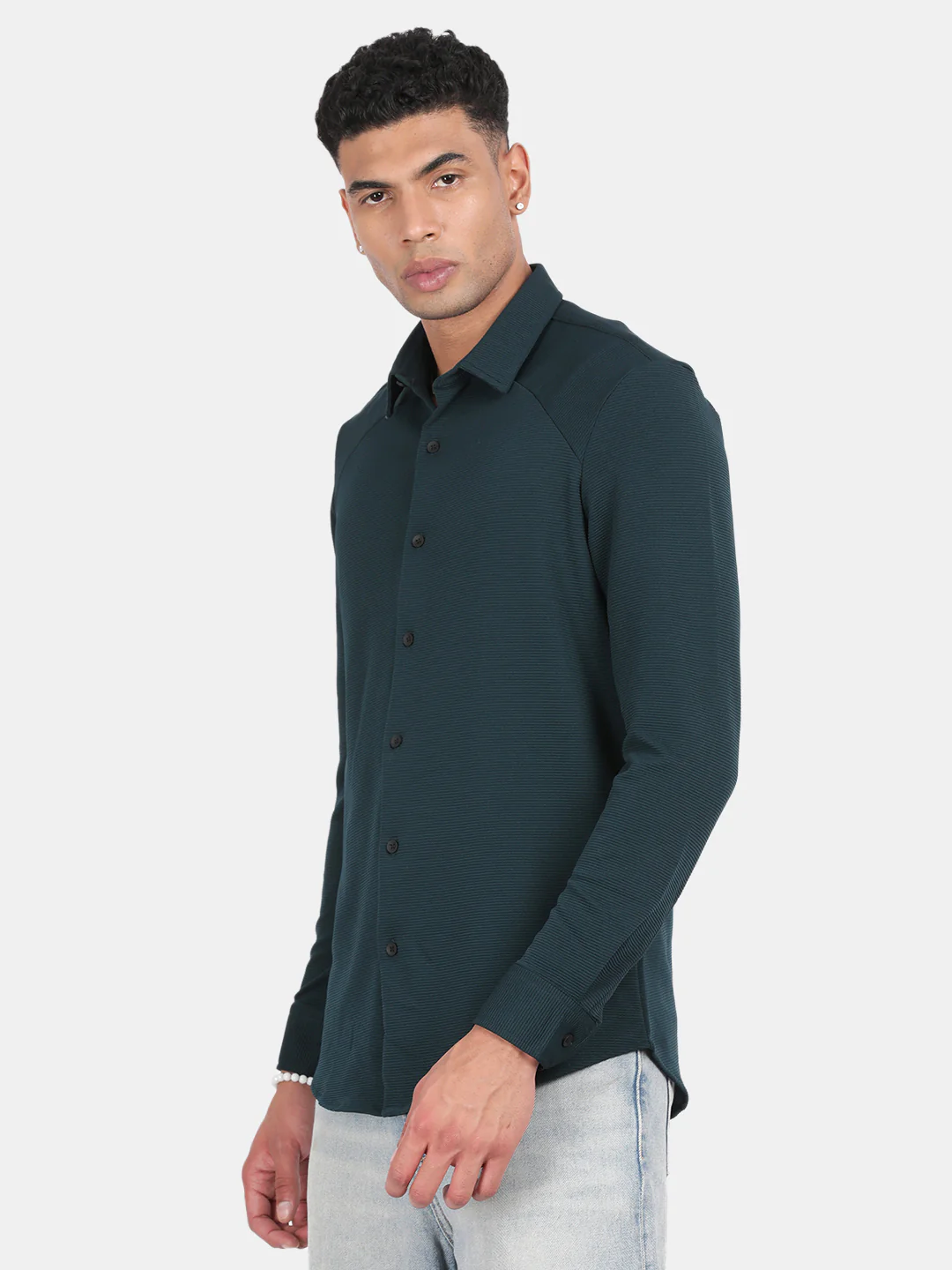 Men Dark Green Slim Fit Spread Collar Full Sleeve Casual Shirt - Image 5