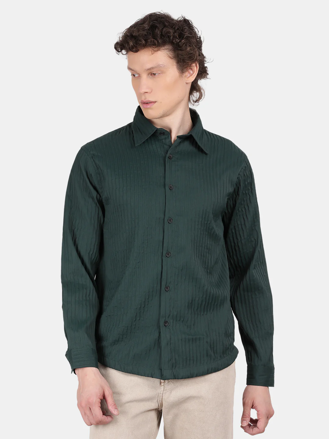 Men Dark Green Slim Fit Spread Collar Full Sleeve Casual Shirt - Image 2
