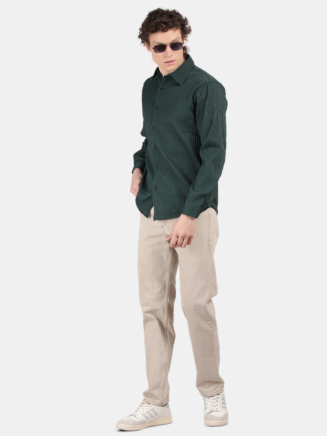 Men Dark Green Slim Fit Spread Collar Full Sleeve Casual Shirt - Image 3