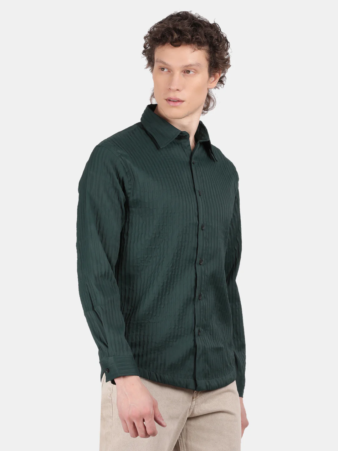 Men Dark Green Slim Fit Spread Collar Full Sleeve Casual Shirt - Image 5