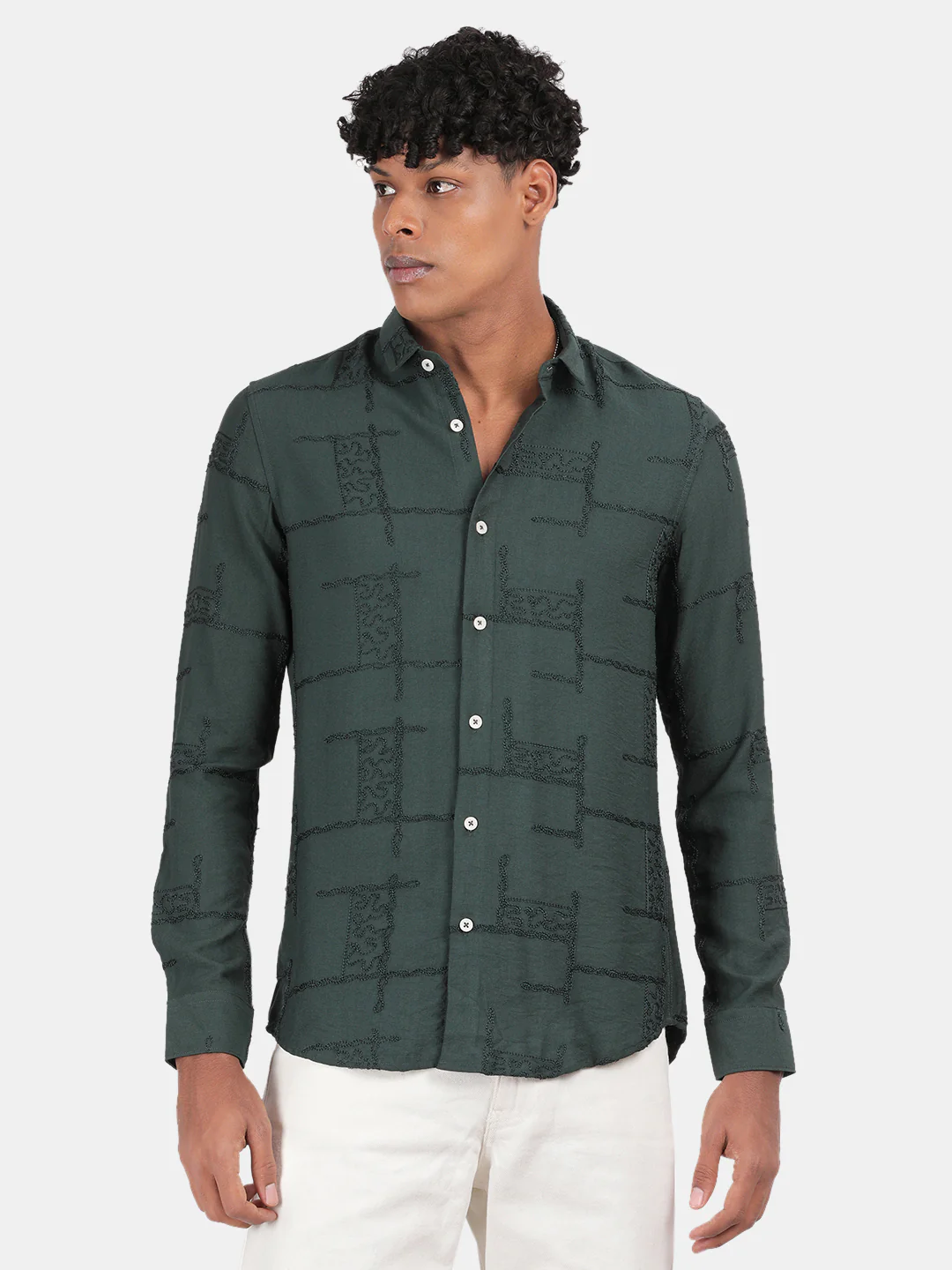 Men Dark Green Slim Fit Spread Collar Full Sleeve Casual Shirt - Image 2