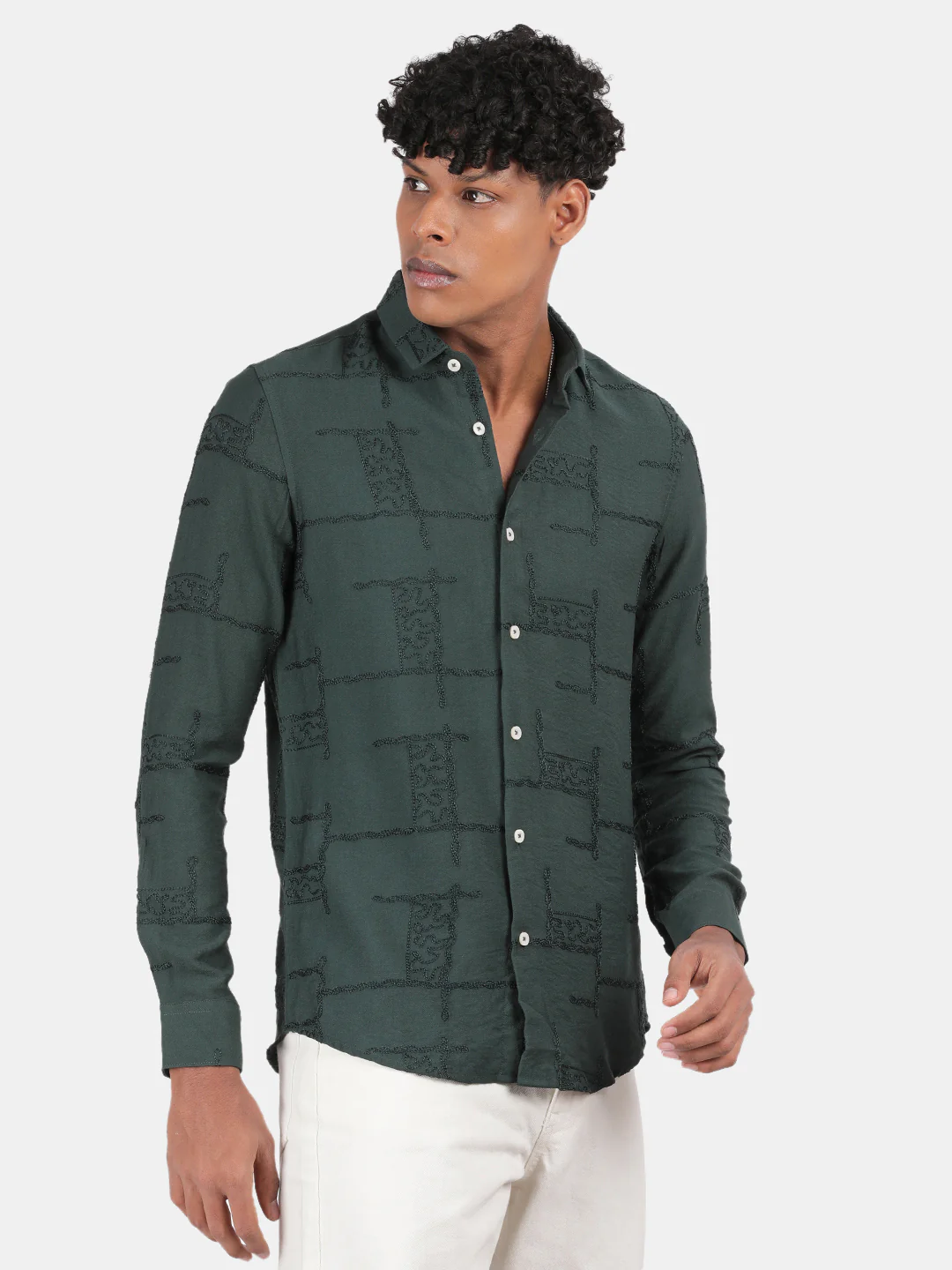 Men Dark Green Slim Fit Spread Collar Full Sleeve Casual Shirt - Image 5