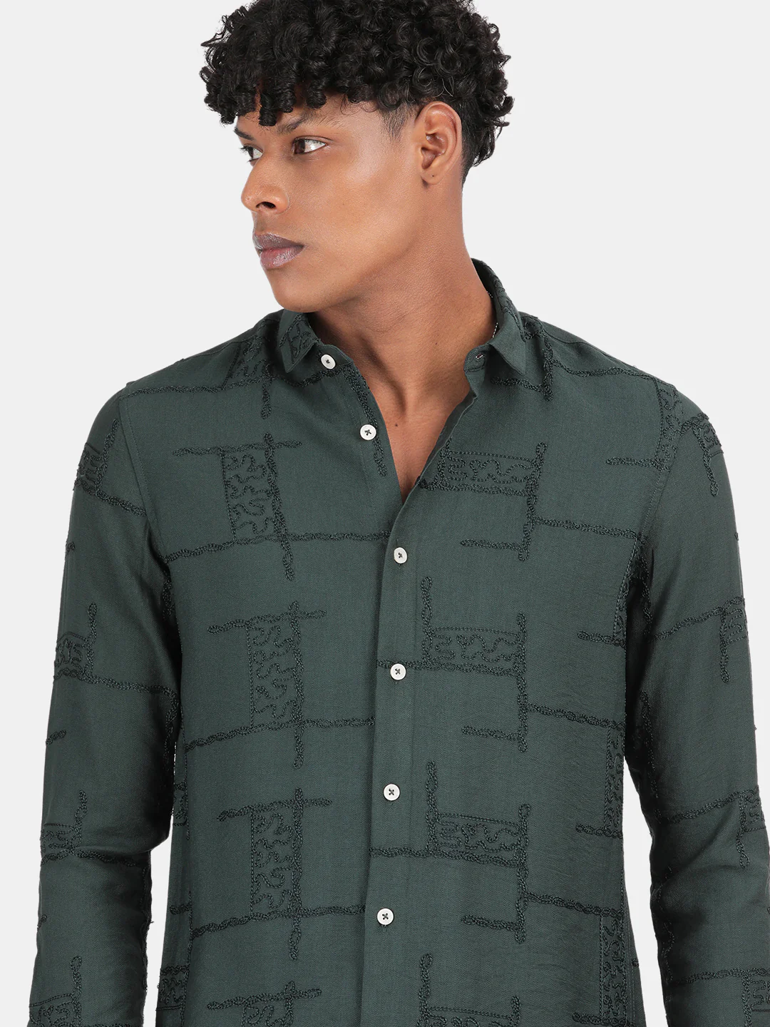 Men Dark Green Slim Fit Spread Collar Full Sleeve Casual Shirt - Image 6