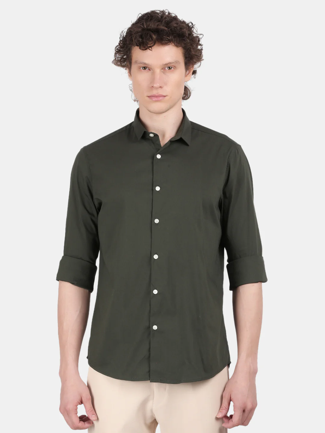 Men Dark Green Slim Fit Spread Collar Full Sleeve Casual Shirt - Image 2