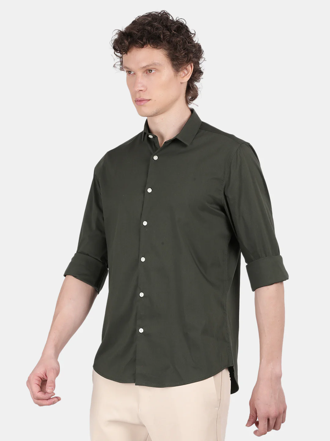 Men Dark Green Slim Fit Spread Collar Full Sleeve Casual Shirt - Image 5