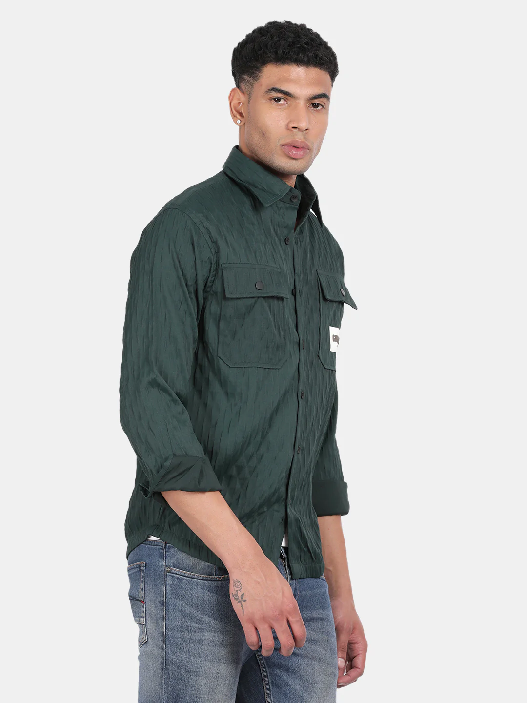 Men Dark Green Slim Fit Spread Collar Full Sleeve Casual Shirt - Image 2