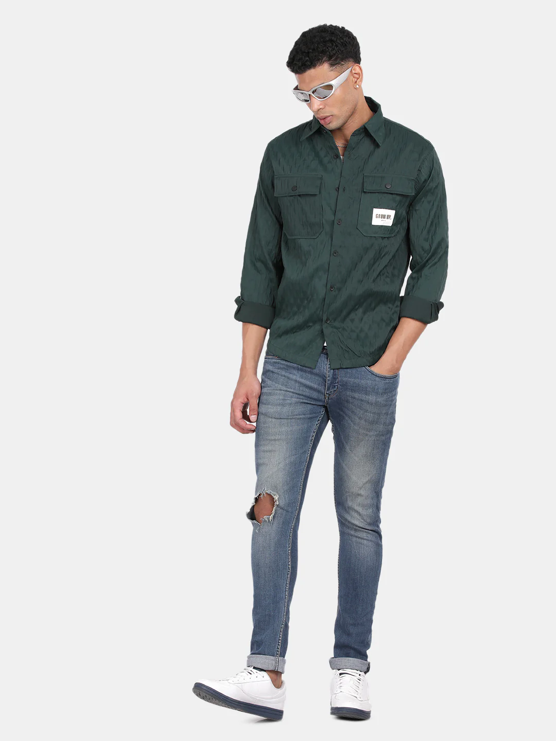 Men Dark Green Slim Fit Spread Collar Full Sleeve Casual Shirt - Image 5