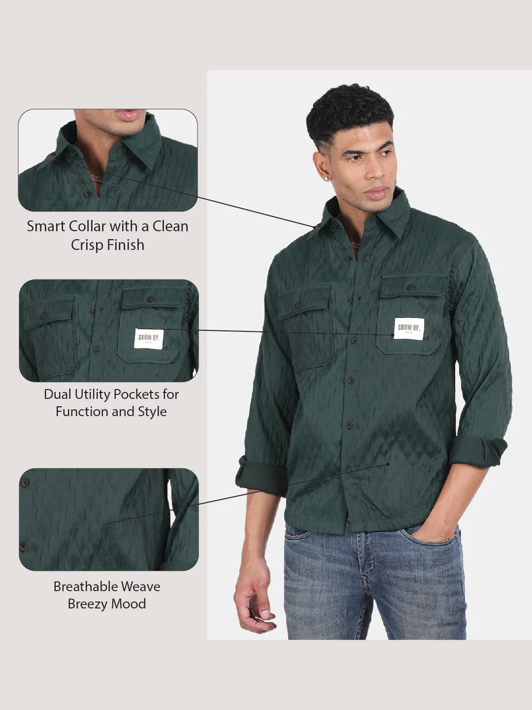 Men Dark Green Slim Fit Spread Collar Full Sleeve Casual Shirt - Image 6