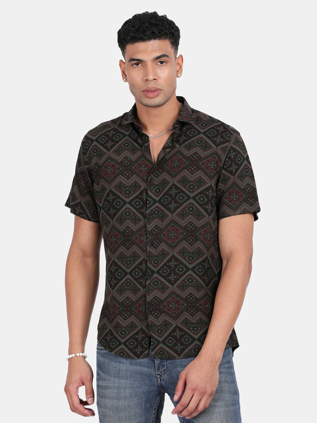 Men Dark green Slim Fit Spread Collar Half Sleeve Casual Shirt - Image 2