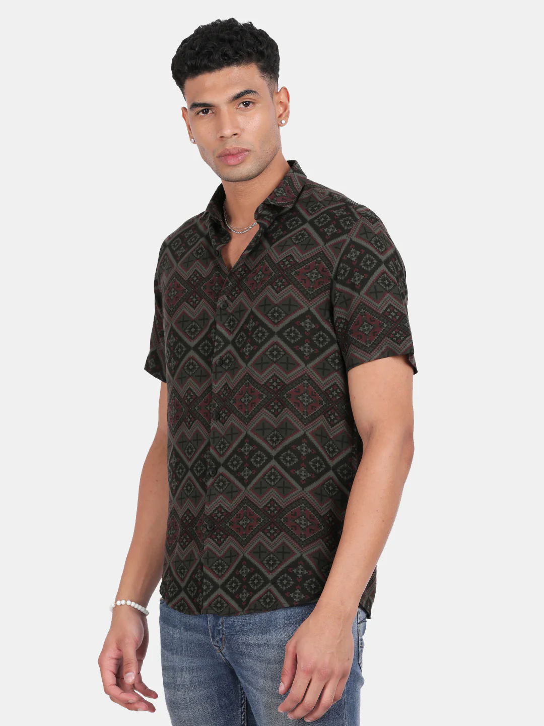 Men Dark green Slim Fit Spread Collar Half Sleeve Casual Shirt - Image 5
