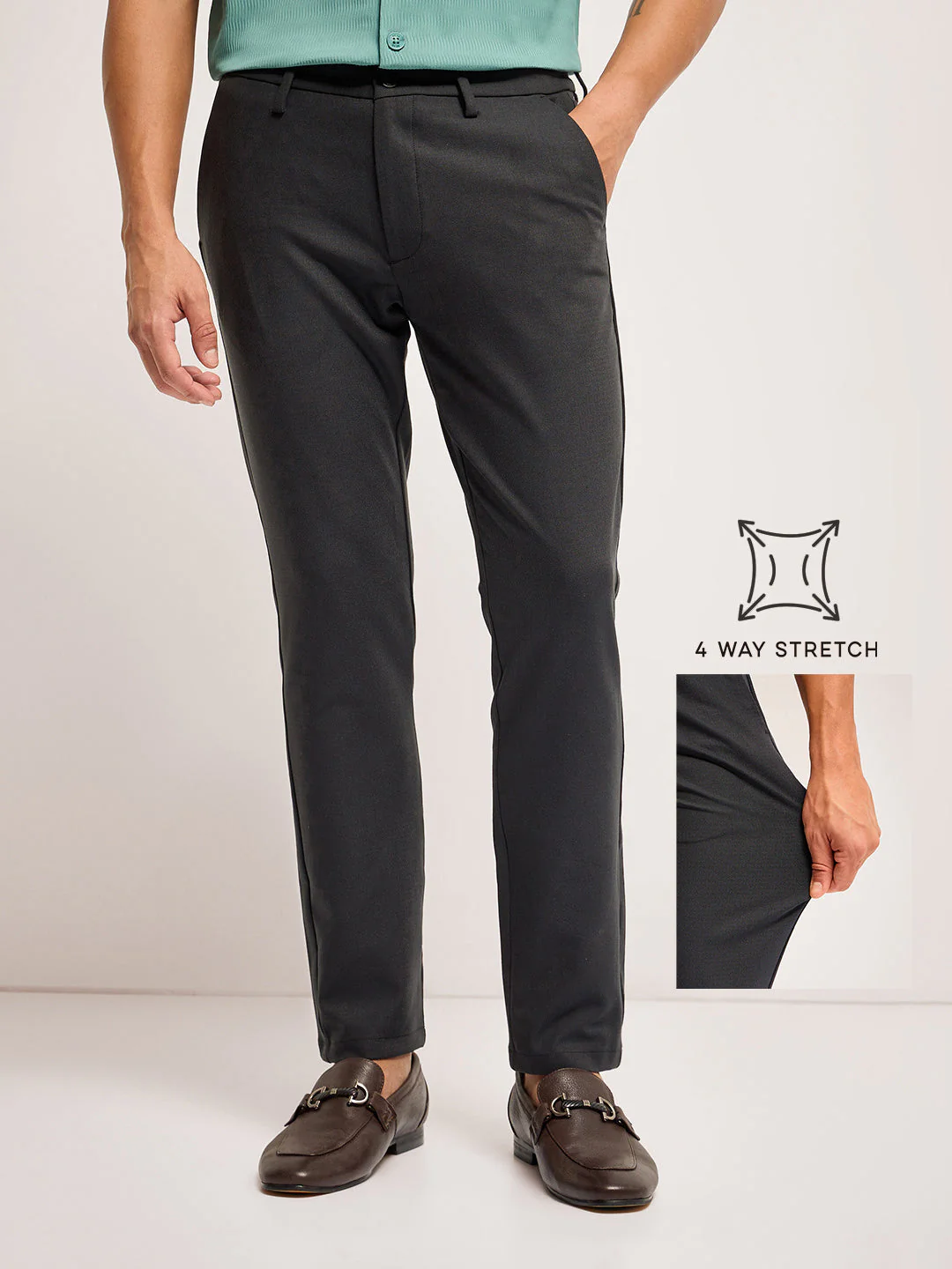 Men Dark Green Solid 4 Way Stretch Formal Trouser