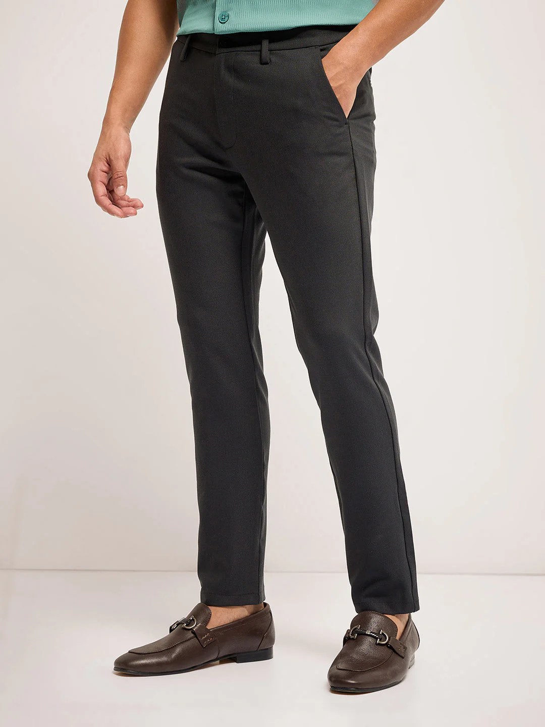 Men Dark Green Solid 4 Way Stretch Formal Trouser - Image 2