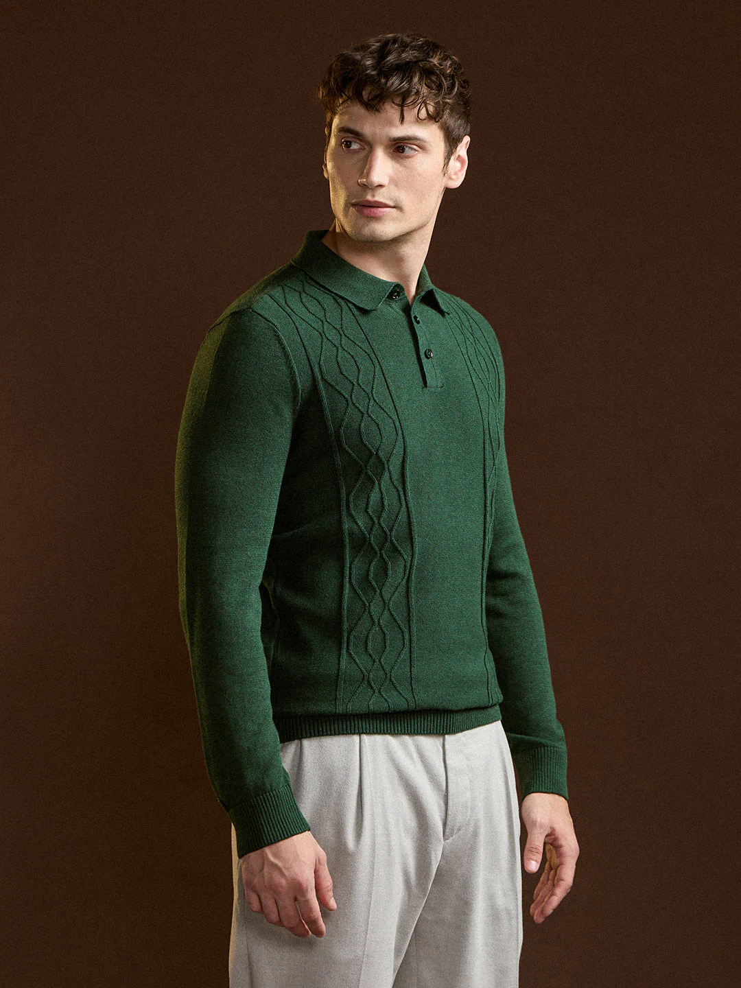 Men Dark Green Textured Geometrical Design Regular Fit Polo - Image 3