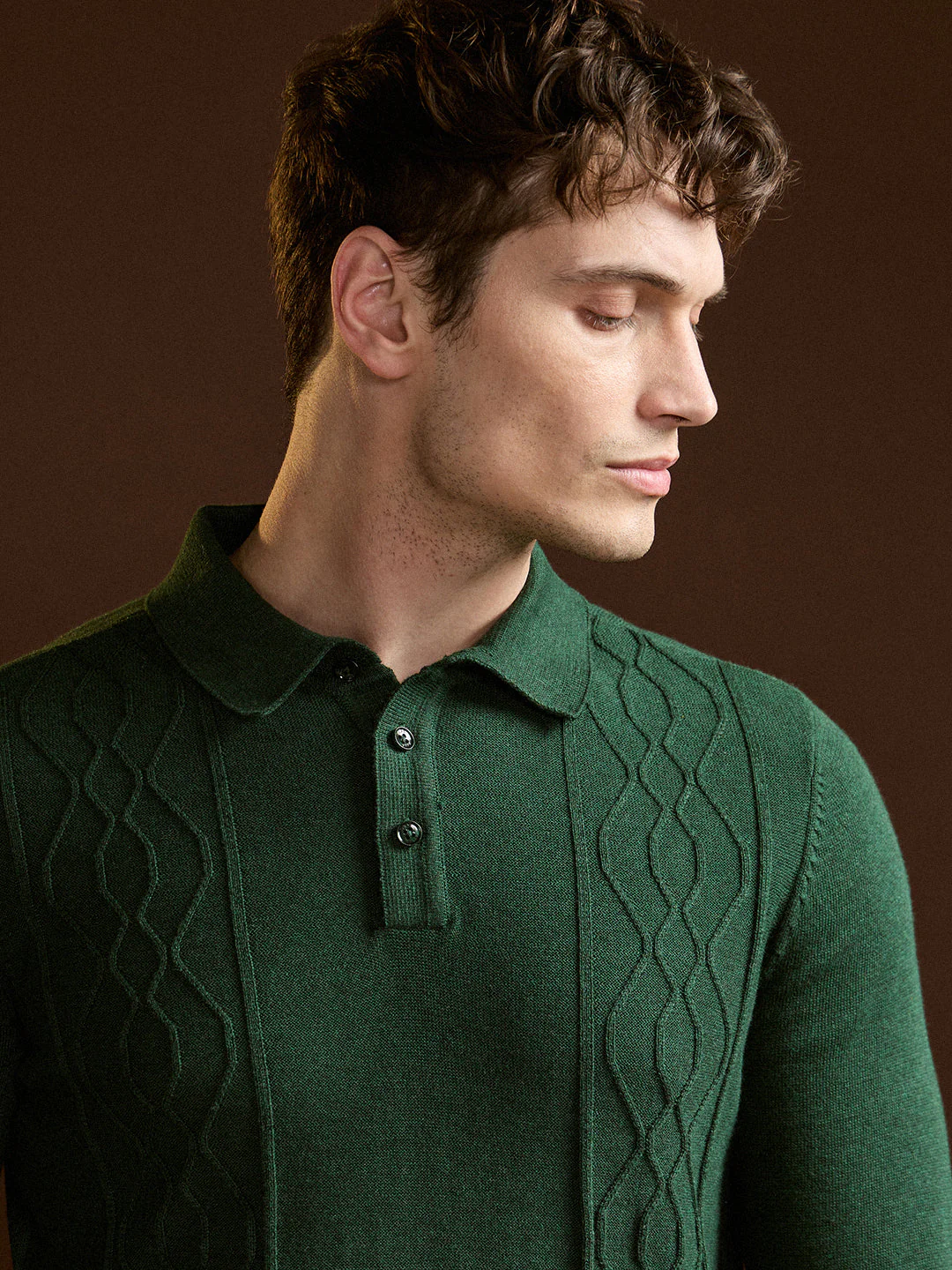 Men Dark Green Textured Geometrical Design Regular Fit Polo - Image 5