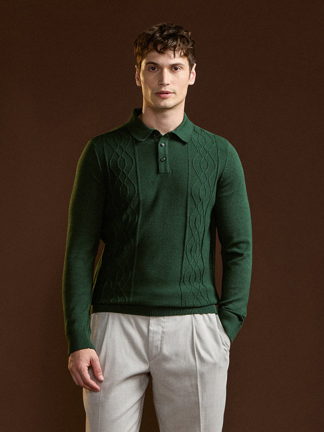 Men Dark Green Textured Geometrical Design Regular Fit Polo - Image 6