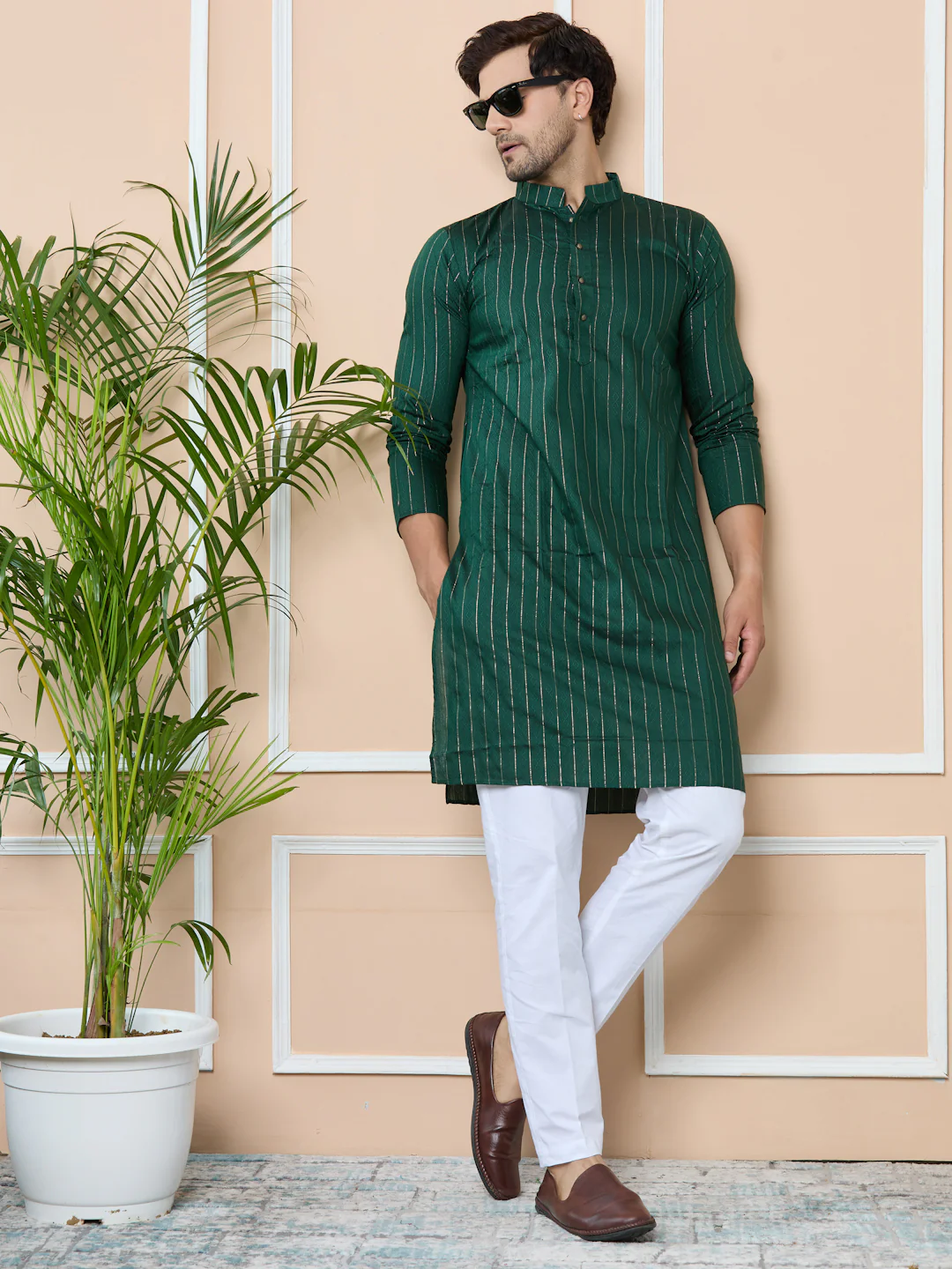 Men Dark Green Thread Work Straight Kurta - Image 4