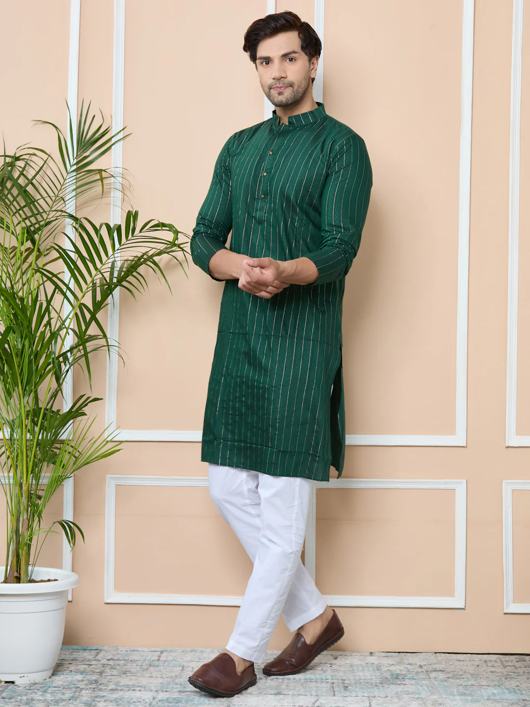 Men Dark Green Thread Work Straight Kurta - Image 5