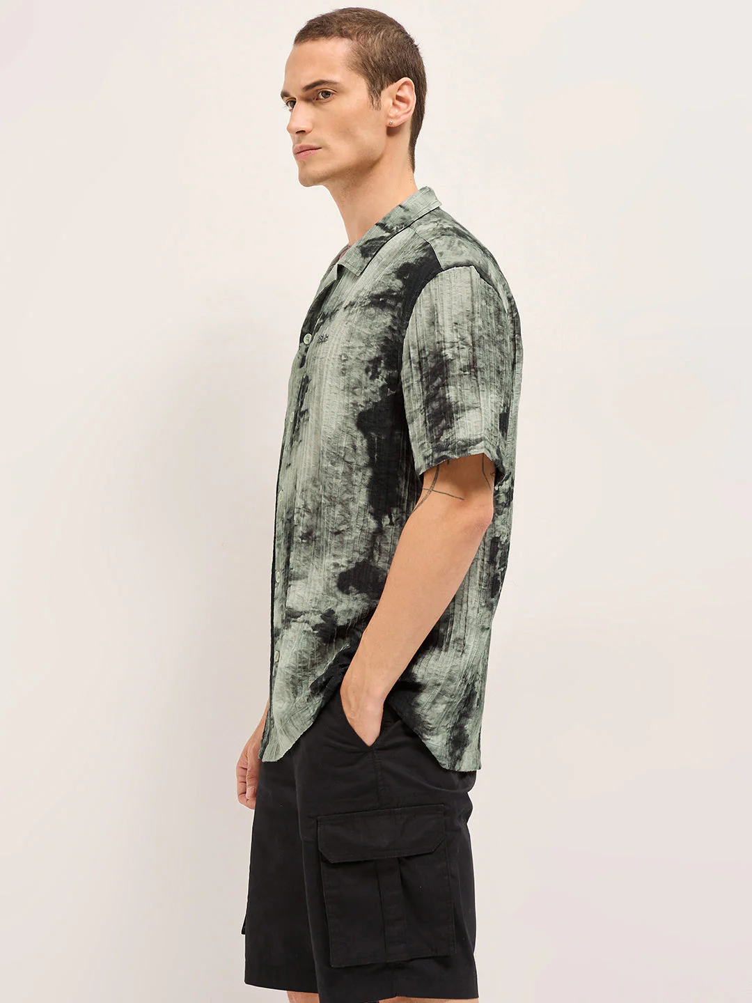 Men Dark Green Viscose Abstract print Relaxed Fit Cuban Collar Shirt - Image 3