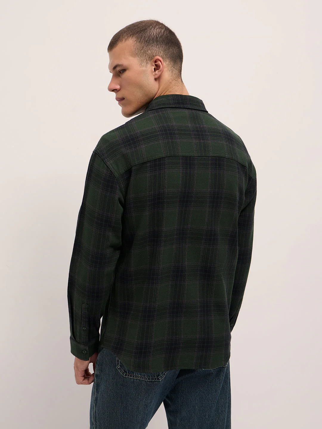 Men Dark Green Woven Checked Design Relaxed Fit Overshirt - Image 2