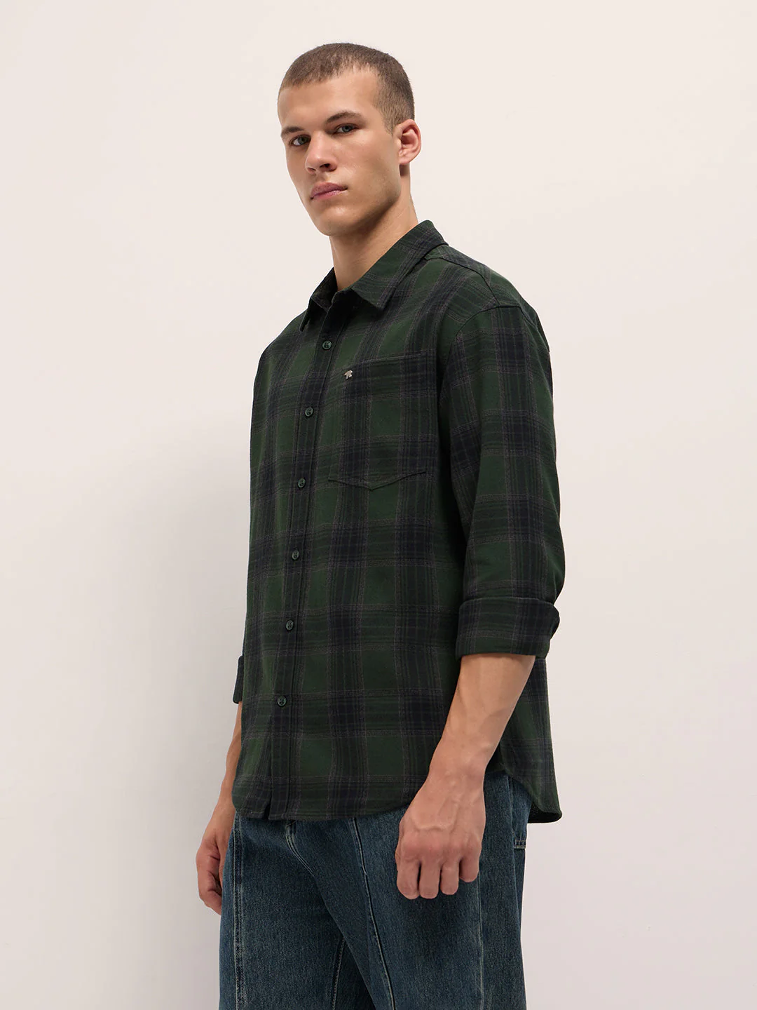 Men Dark Green Woven Checked Design Relaxed Fit Overshirt - Image 3