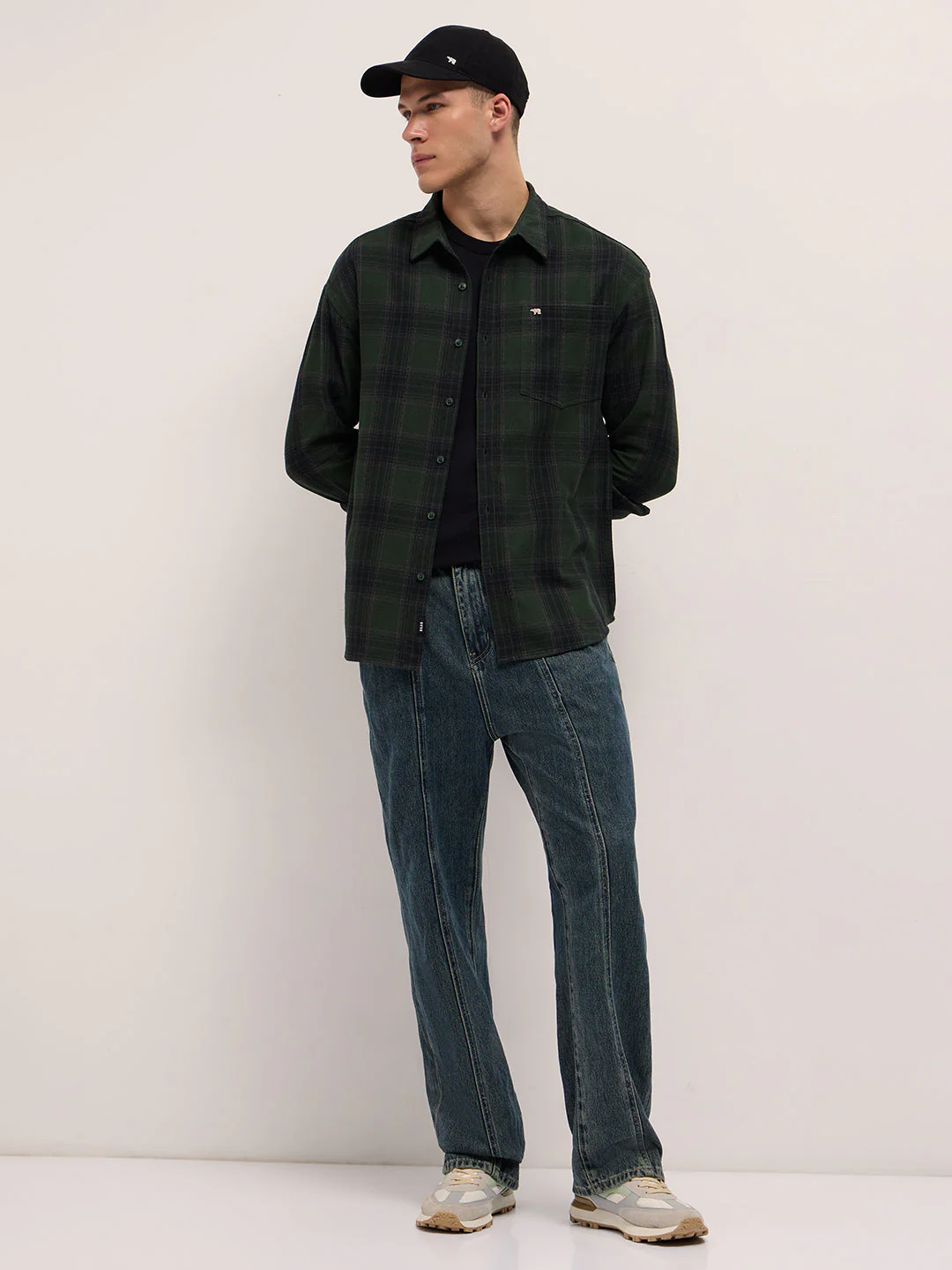 Men Dark Green Woven Checked Design Relaxed Fit Overshirt - Image 4