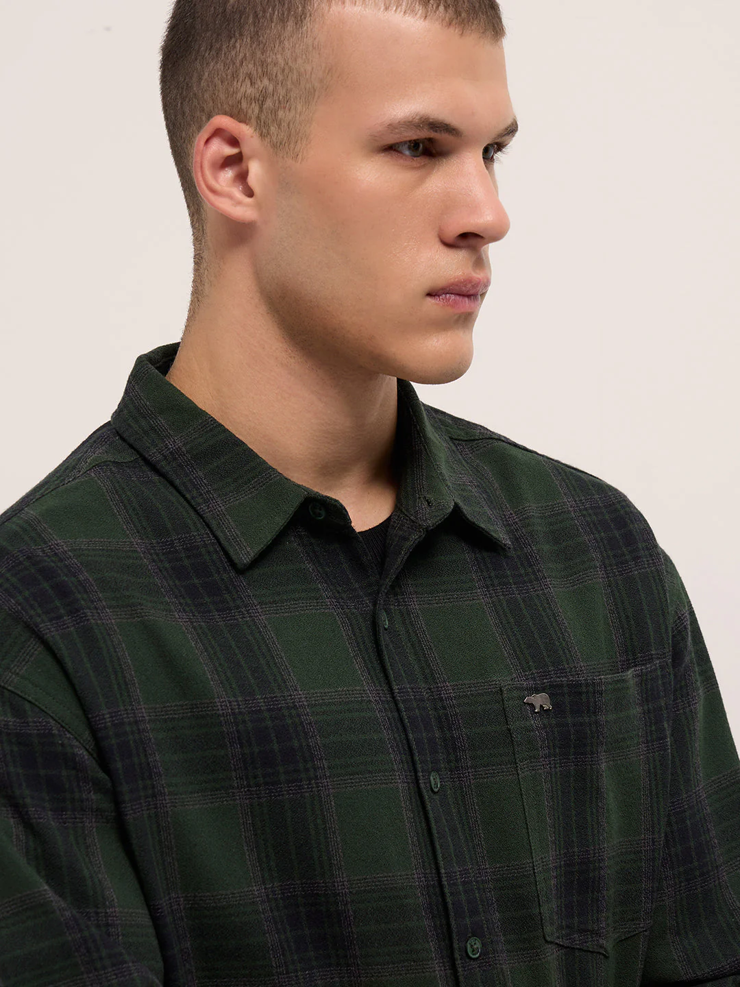 Men Dark Green Woven Checked Design Relaxed Fit Overshirt - Image 5
