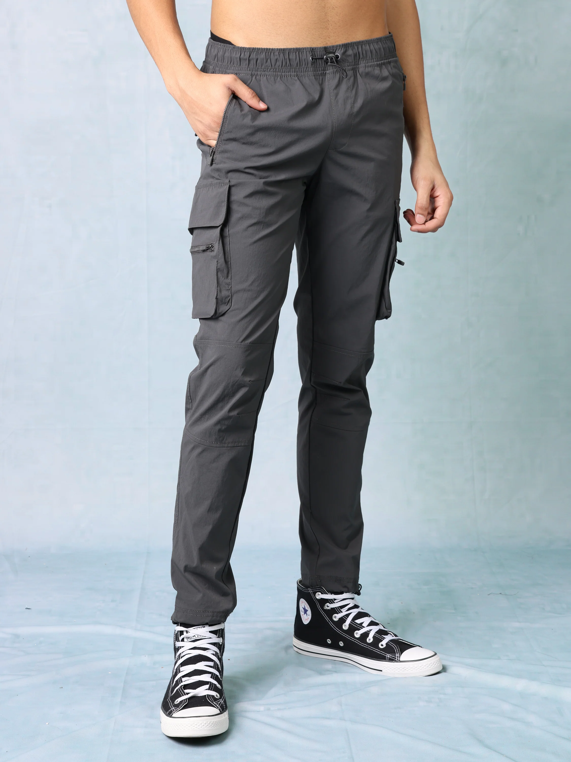 Men Dark Grey Parachute Cargo Pants - Image 5