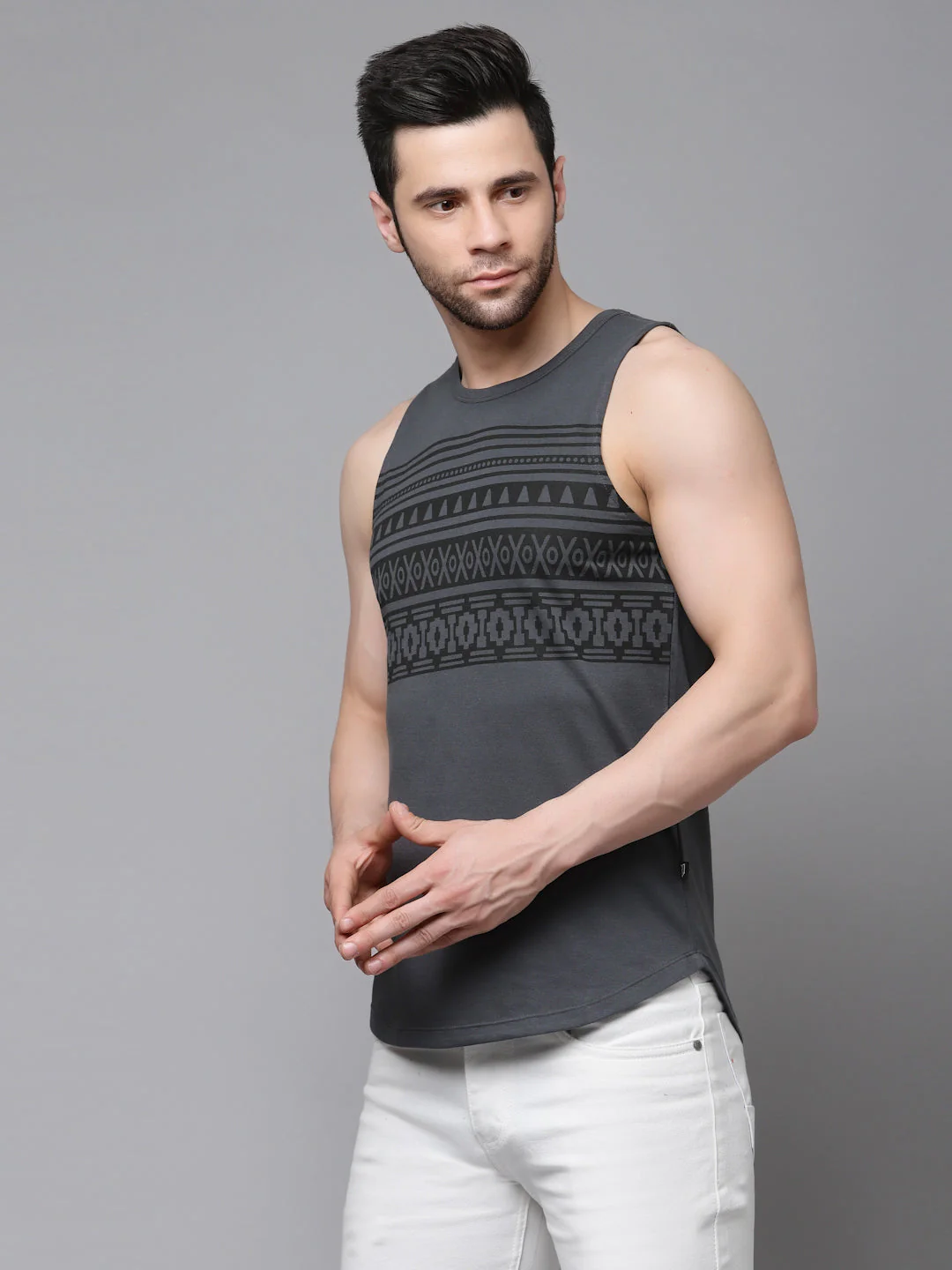 Men Dark Grey Placement Print With Curved Bottom Sleeveless T-Shirt Vest - Image 2